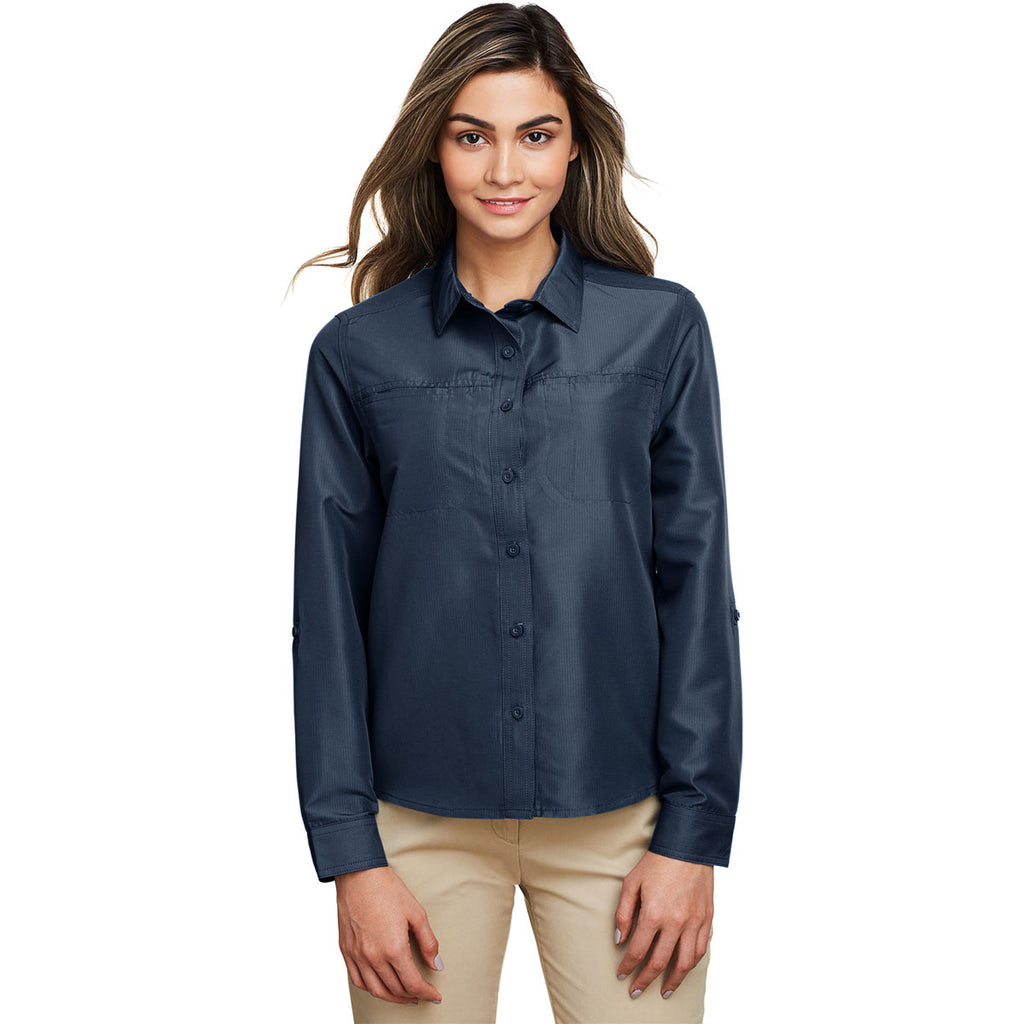 Harriton Women's Navy Key West Long-Sleeve Performance Staff Shirt