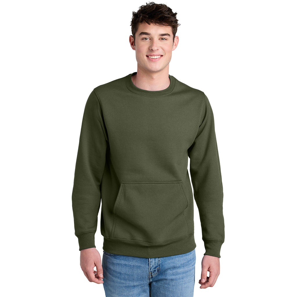 Port & Company Unisex Olive Drab Green Core Fleece Crewneck Pocket Sweatshirt