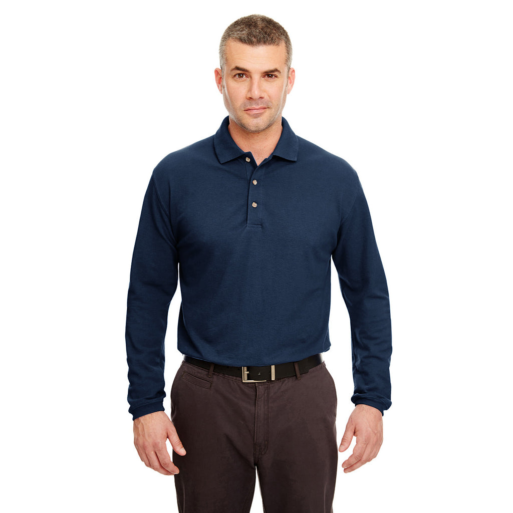 UltraClub Men's Navy Long-Sleeve Classic Pique Polo