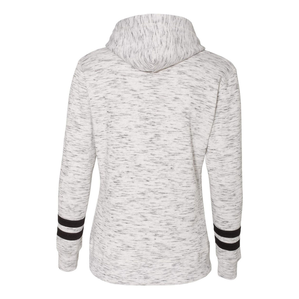 J. America Women's White/Black Melange Fleece Striped Sleeve Hooded Pullover