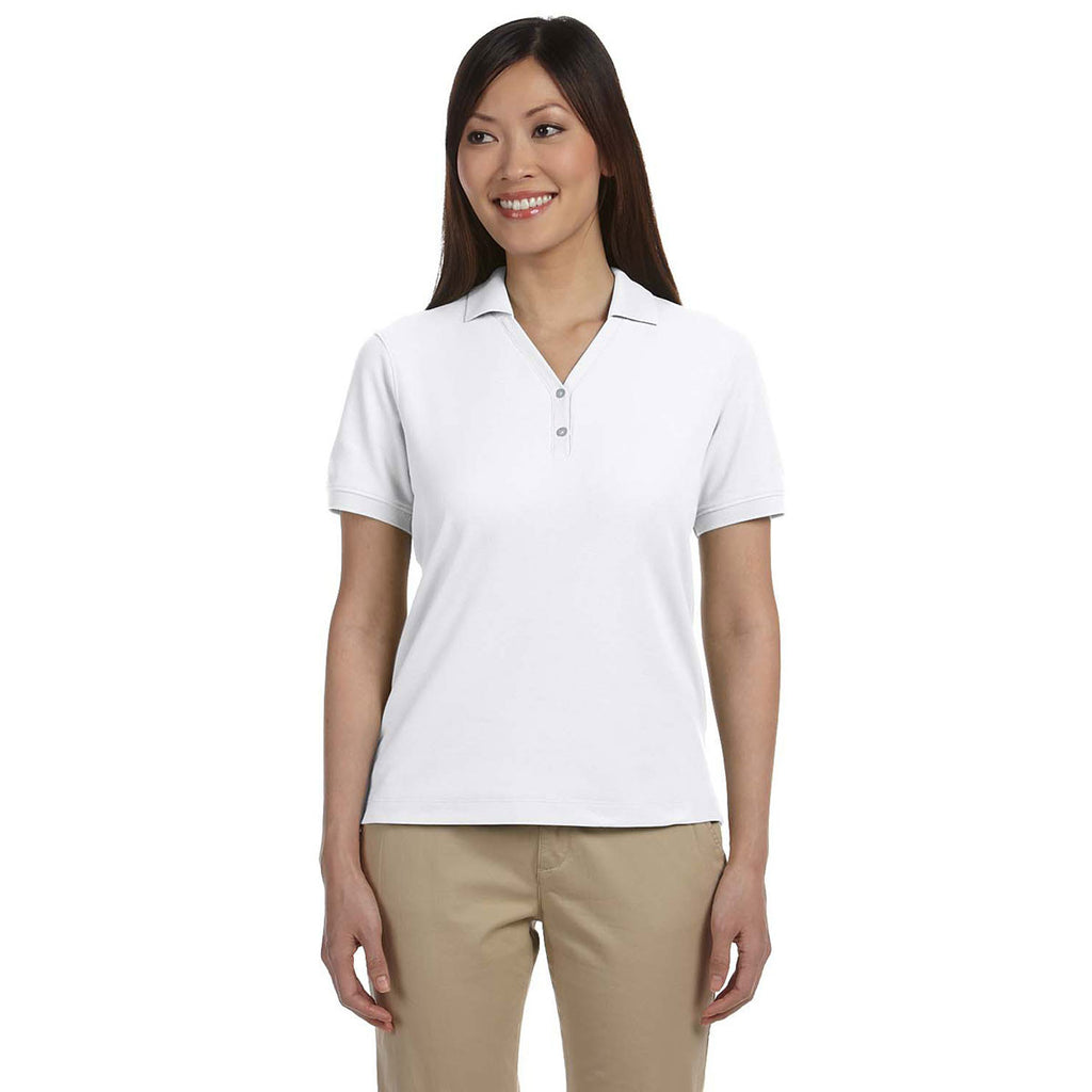 Devon & Jones Women's White Pima Pique Short-Sleeve Y-Collar Polo