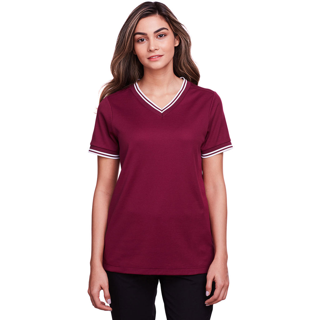 Devon & Jones Women's Burgundy/White CrownLux Performance Plaited Tipped V-Neck Polo