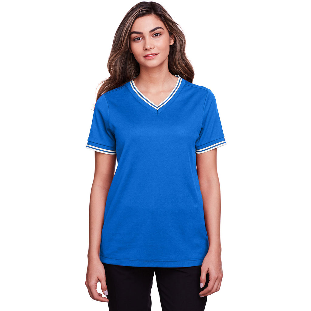 Devon & Jones Women's French Blue/White CrownLux Performance Plaited Tipped V-Neck Polo