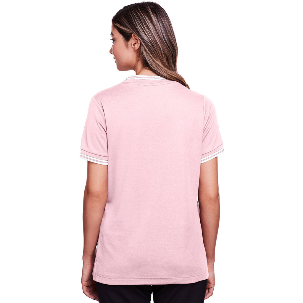 Devon & Jones Women's Pink/White CrownLux Performance Plaited Tipped V-Neck Polo