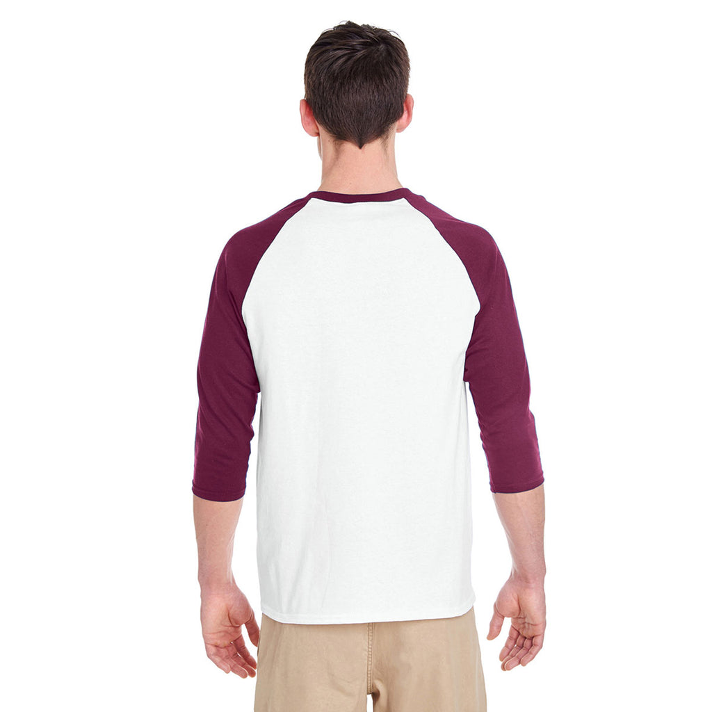 Gildan Unisex White/Maroon 5.3 oz. 3/4-Raglan Sleeve T-Shirt