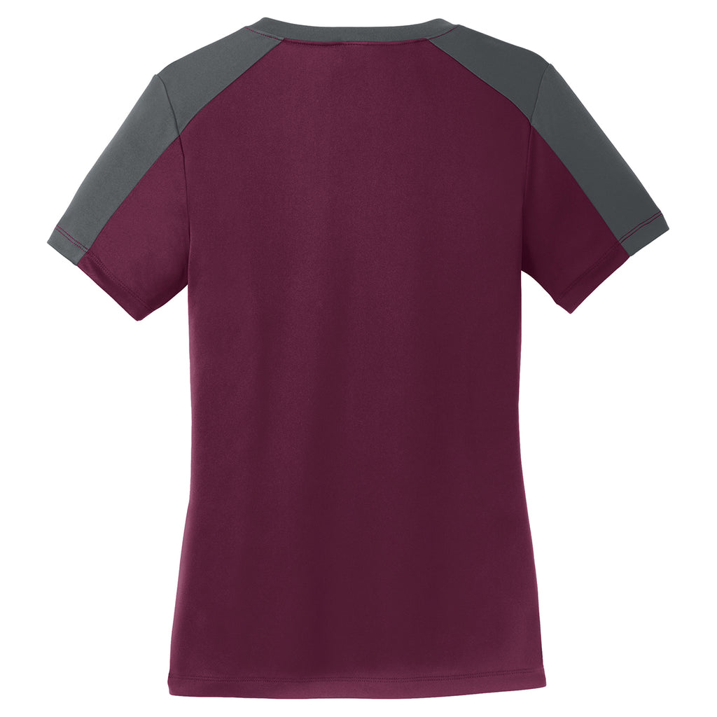 Sport-Tek Women's Maroon/ Iron Grey PosiCharge Competitor Sleeve-Blocked V-Neck Tee