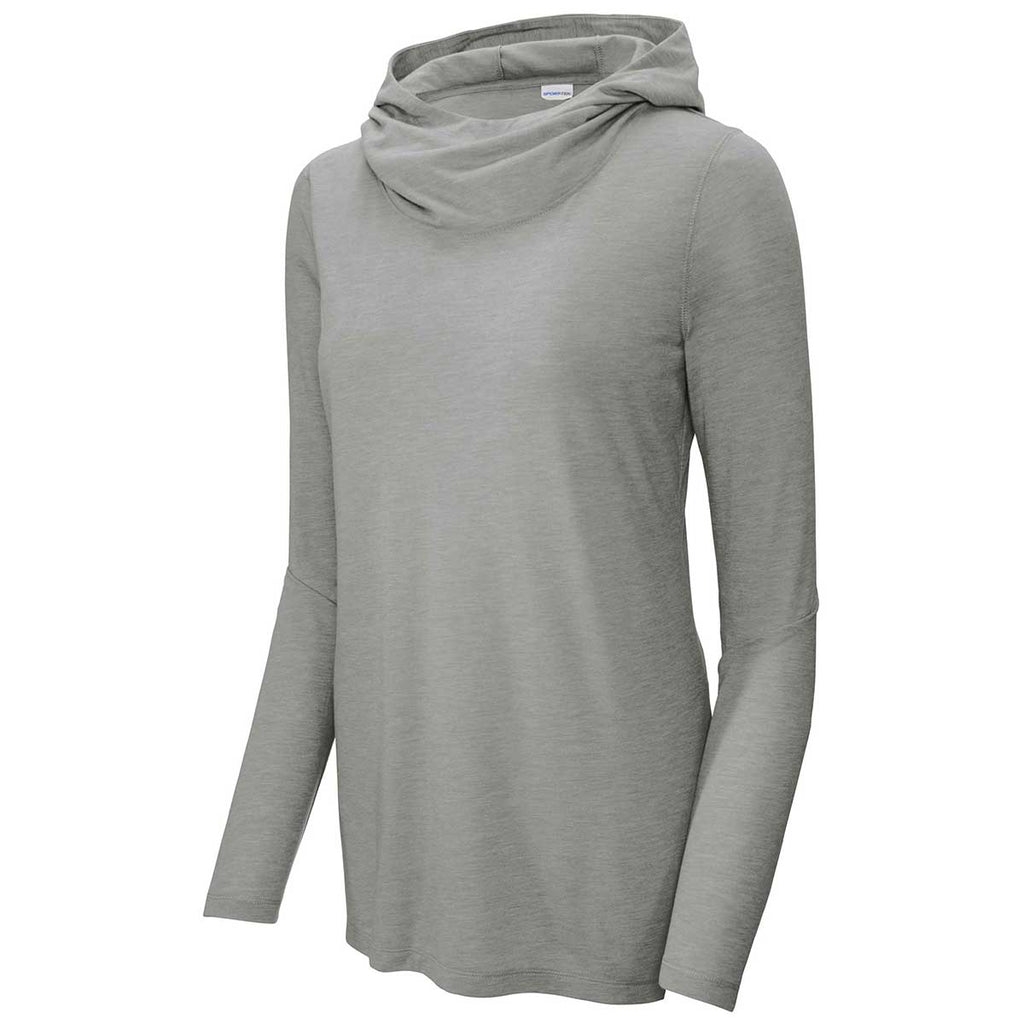 Sport-Tek Women's Light Grey Heather Posicharge Tri-Blend Wicking Long Sleeve Hoodie