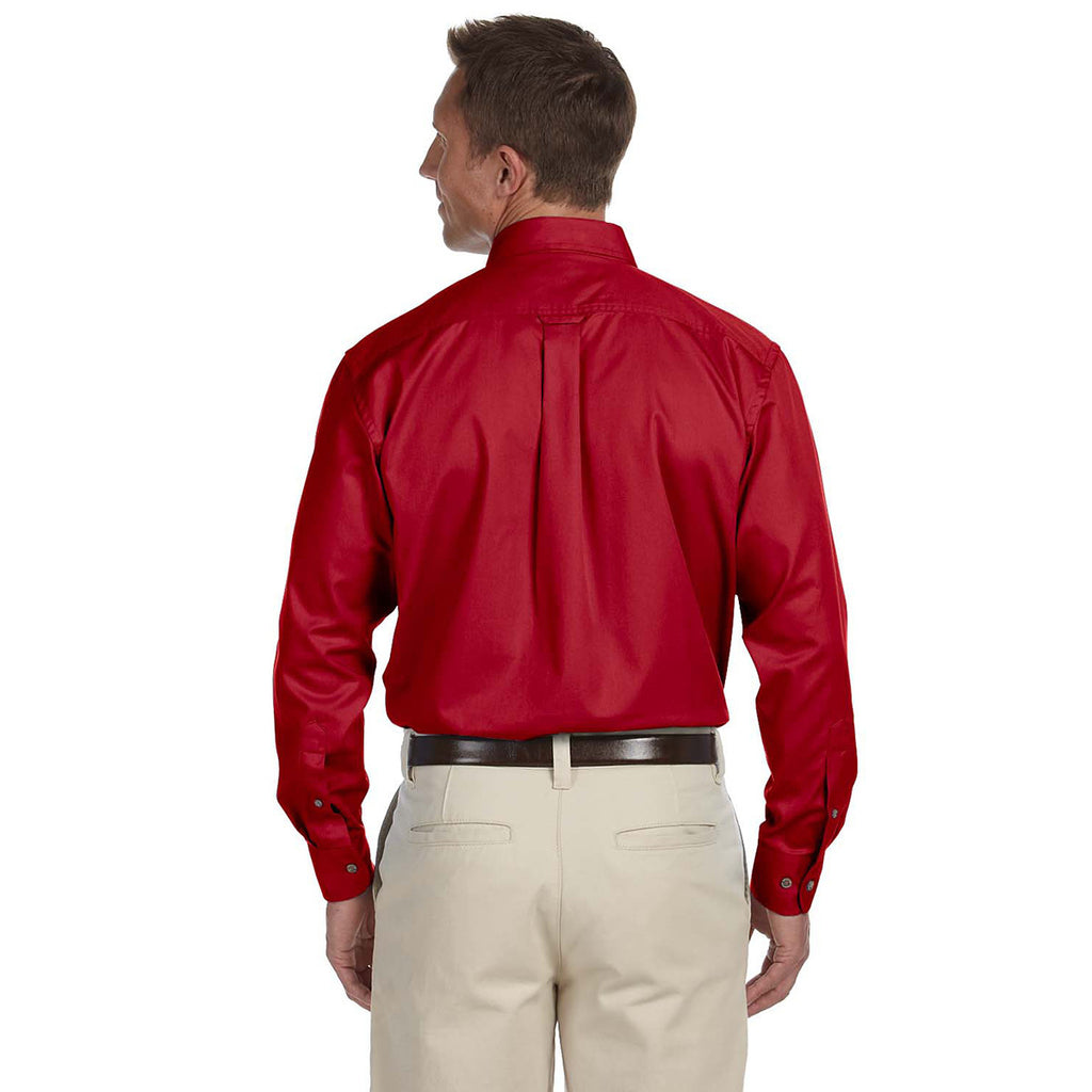 Harriton Men's Red Easy Blend Long-Sleeve Twill Shirt with Stain-Release