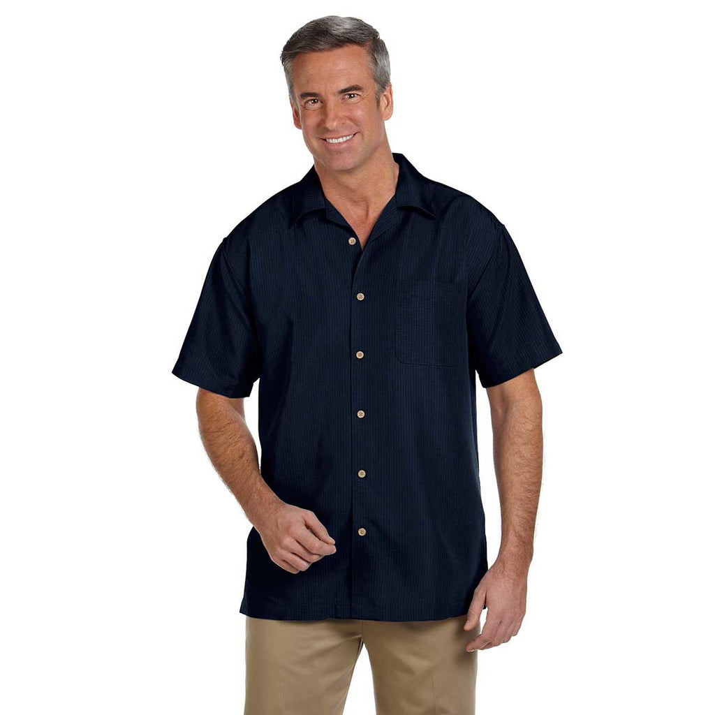 Harriton Men's Navy Barbados Textured Camp Shirt