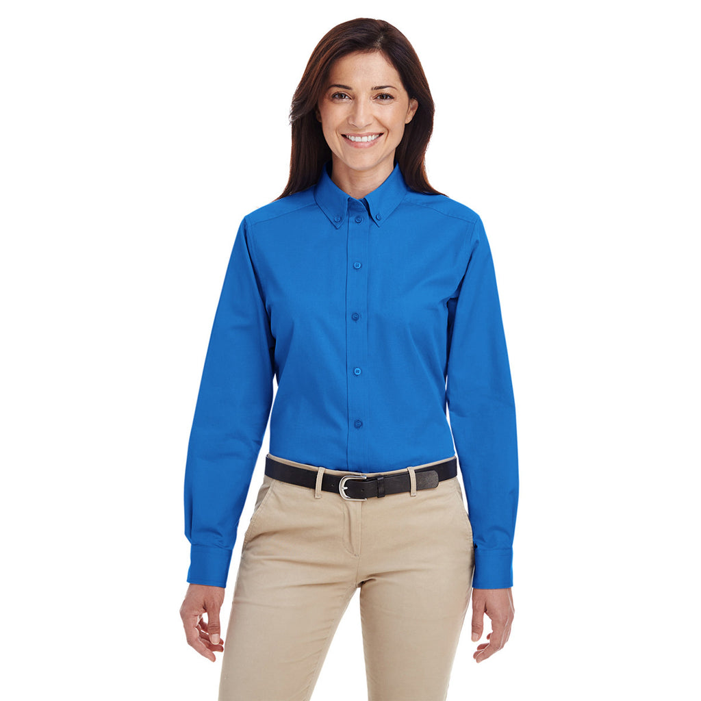 Harriton Women's French Blue Foundation 100% Cotton Long-Sleeve Twill Shirt with Teflon