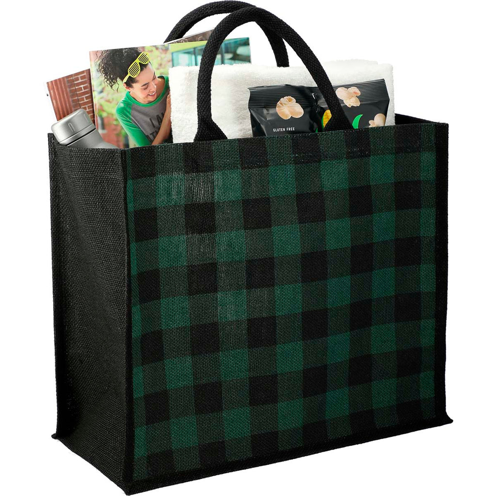 Bullet Green Buffalo Plaid Printed Jute Tote