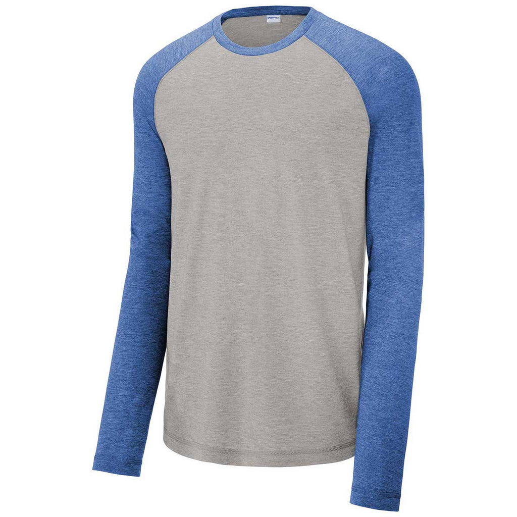 Sport-Tek Men's True Royal Heather/Light Grey Heather PosiCharge Long Sleeve Tri-Blend Wicking Raglan Tee