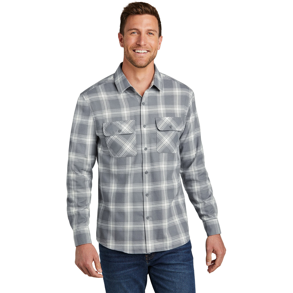 Port Authority Men's Grey/Cream Open Plaid Plaid Flannel Shirt